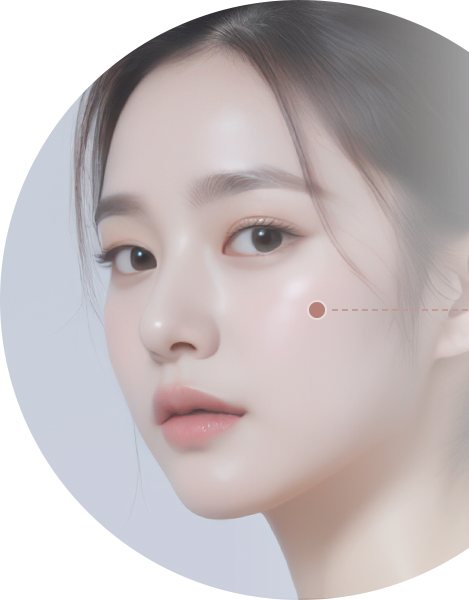 쿠키성형외과 3D광대축소 — 원 안 모델 얼굴(광대 위치 점 표시)