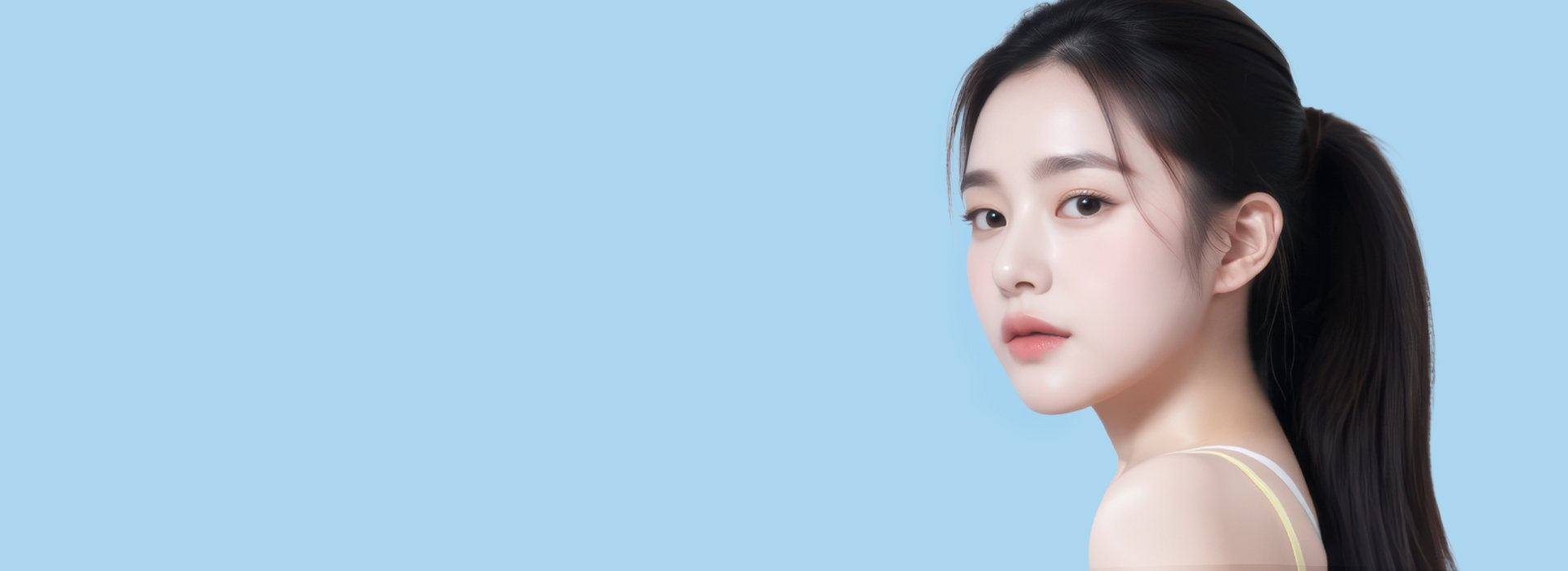 하늘색 바탕, 묶은 머리 모델 옆얼굴