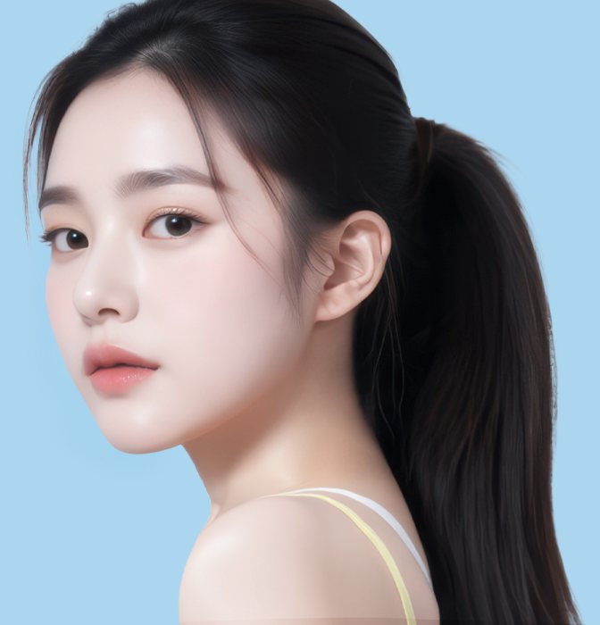 하늘색 바탕, 묶은 머리 모델 옆얼굴