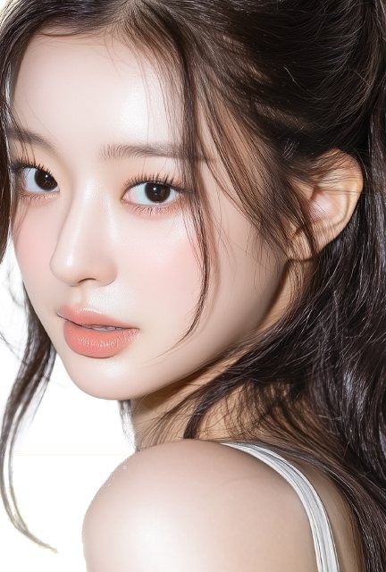 3D광대+사각턱 상단 비주얼 — 어깨 너머로 돌아보는 긴 웨이브 머리 모델(쿠키성형외과 이미지모델)