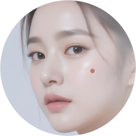쿠키성형외과 3D광대축소 — 원 안 모델 얼굴(광대 위치 점 표시)